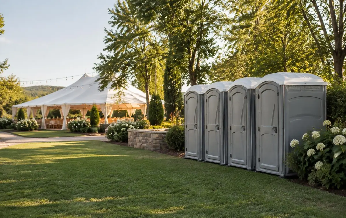 Portable restrooms and hand-washing station at an outdoor Alabama event